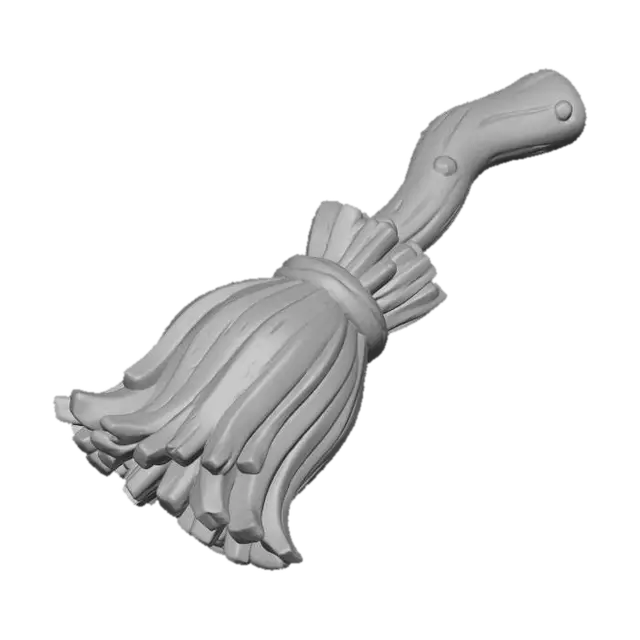 3D model for Clay-like stylized 3D model of a witch’s broom with chunky handle and simplified straw. 
Matte clay surface with subtle imperfections. 
Handle in gradient brown from light to deep wood tones, 
straw in golden yellow gradient with stylized blocky strands. 
Rendered with soft shadows and toy-like proportions.