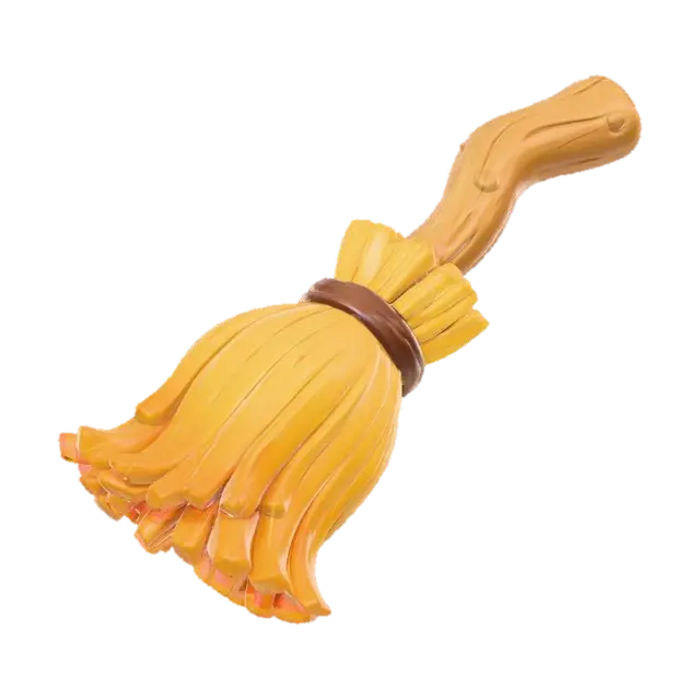 3D model for Clay-like stylized 3D model of a witch’s broom with chunky handle and simplified straw. 
Matte clay surface with subtle imperfections. 
Handle in gradient brown from light to deep wood tones, 
straw in golden yellow gradient with stylized blocky strands. 
Rendered with soft shadows and toy-like proportions.