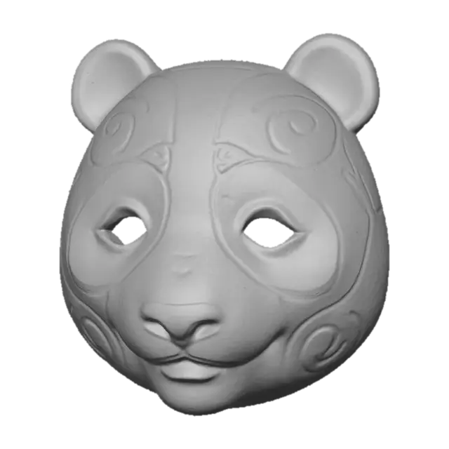 3D model for A vibrant, intricately carved wooden mask depicting a stylized panda, painted in a robust palette of ink black, pure white, and bamboo green. The wood texture is subtly visible beneath the matte, distressed paint finish, highlighting its distinctive eye patches and round features. Adorned with circular patterns around its face and powerful tribal lines along its calm expression, it exudes an ancient, peaceful aura.