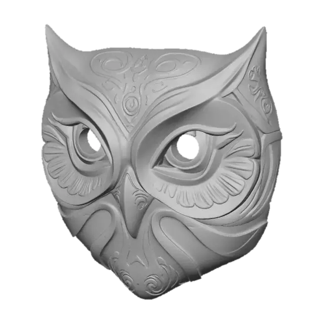 3D model for A vibrant, intricately carved wooden mask depicting a stylized owl, painted in a nocturnal palette of midnight blue, spectral white, and mossy green. The wood texture is subtly visible beneath the matte, distressed paint finish, highlighting the keen contours of its eyes and the elegant curve of its wings. Adorned with intricate feather detailing around the eyes and swirling celestial patterns along its facial contours, it exudes an ancient, wise aura.