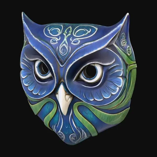 3D model for A vibrant, intricately carved wooden mask depicting a stylized owl, painted in a nocturnal palette of midnight blue, spectral white, and mossy green. The wood texture is subtly visible beneath the matte, distressed paint finish, highlighting the keen contours of its eyes and the elegant curve of its wings. Adorned with intricate feather detailing around the eyes and swirling celestial patterns along its facial contours, it exudes an ancient, wise aura.