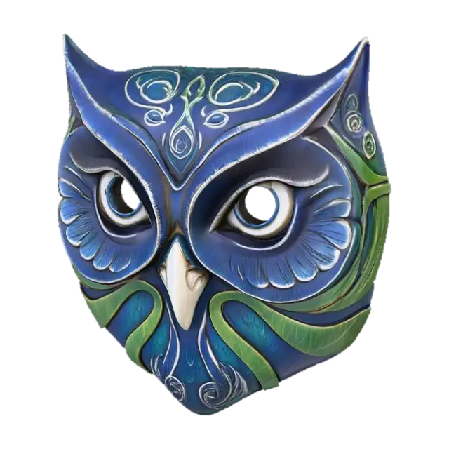 3D model for A vibrant, intricately carved wooden mask depicting a stylized owl, painted in a nocturnal palette of midnight blue, spectral white, and mossy green. The wood texture is subtly visible beneath the matte, distressed paint finish, highlighting the keen contours of its eyes and the elegant curve of its wings. Adorned with intricate feather detailing around the eyes and swirling celestial patterns along its facial contours, it exudes an ancient, wise aura.