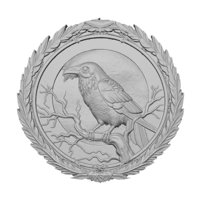 3D model for #Halloween2025#, A painting depicts a raven perched on a gnarled, leafless tree branch silhouetted against a blood-red moon. From the raven's eye, a single, glowing red orb, textured with a pulsating, vein-like pattern, protrudes subtly, casting an eerie light. This unsettling scene is encircled by an intricately sculpted frame of blackened steel, adorned with sharp, stylized crow feathers and interwoven with delicate, razor-thin barbed wire patterns.