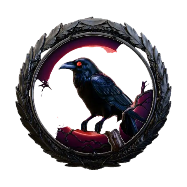 3D model for #Halloween2025#, A painting depicts a raven perched on a gnarled, leafless tree branch silhouetted against a blood-red moon. From the raven's eye, a single, glowing red orb, textured with a pulsating, vein-like pattern, protrudes subtly, casting an eerie light. This unsettling scene is encircled by an intricately sculpted frame of blackened steel, adorned with sharp, stylized crow feathers and interwoven with delicate, razor-thin barbed wire patterns.