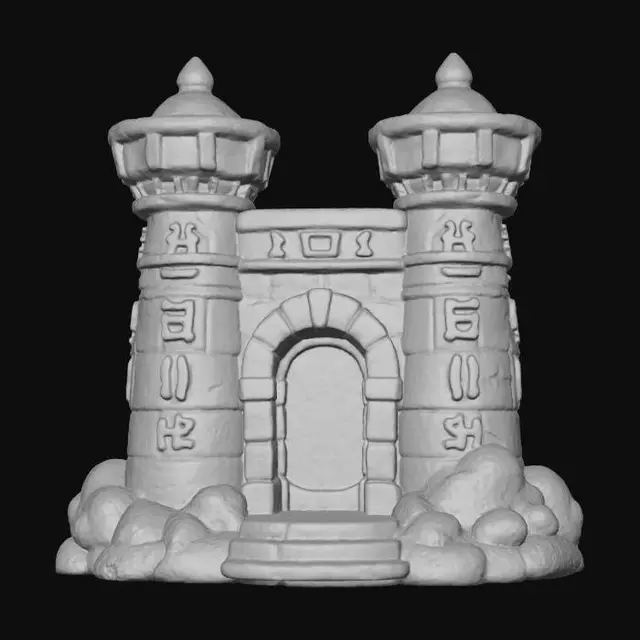 3D model for A cute, stylized 3D render of a chibi Temple Gate (Pylon), designed with a rounded, inviting clay aesthetic and rich colors. The twin towers are a matte light beige, with textured surfaces, adorned with simplified, chunky hieroglyphs in matte deep blue, light teal, and golden-yellow. A central, rounded doorway offers a welcoming entrance, all under soft, even lighting.