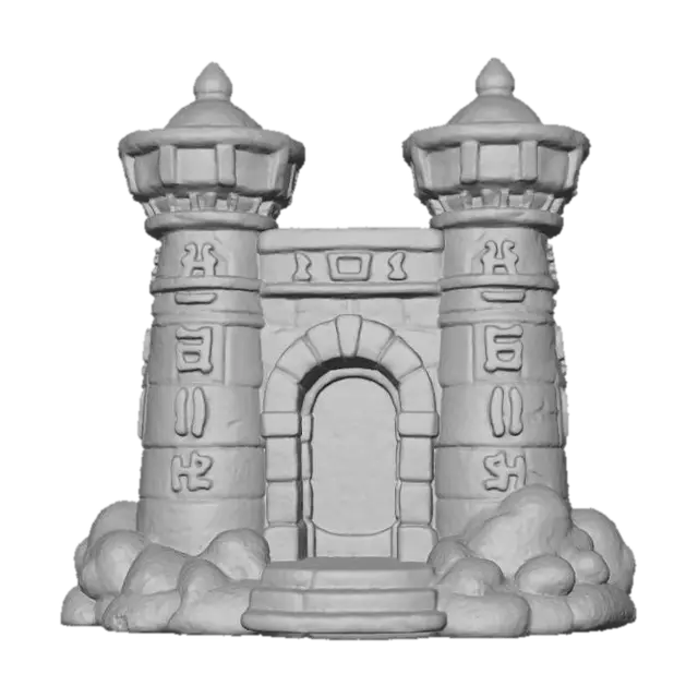 3D model for A cute, stylized 3D render of a chibi Temple Gate (Pylon), designed with a rounded, inviting clay aesthetic and rich colors. The twin towers are a matte light beige, with textured surfaces, adorned with simplified, chunky hieroglyphs in matte deep blue, light teal, and golden-yellow. A central, rounded doorway offers a welcoming entrance, all under soft, even lighting.