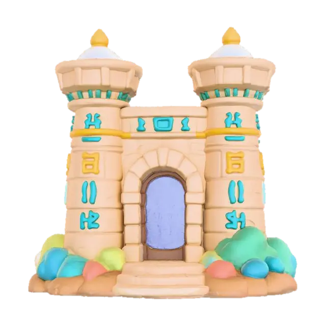 3D model for A cute, stylized 3D render of a chibi Temple Gate (Pylon), designed with a rounded, inviting clay aesthetic and rich colors. The twin towers are a matte light beige, with textured surfaces, adorned with simplified, chunky hieroglyphs in matte deep blue, light teal, and golden-yellow. A central, rounded doorway offers a welcoming entrance, all under soft, even lighting.