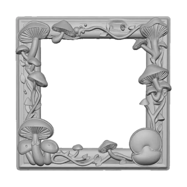 3D model for A square plane sign made of polished metal, with mushroom themed details around the edges and frame. use the reference image for the mushroom colors