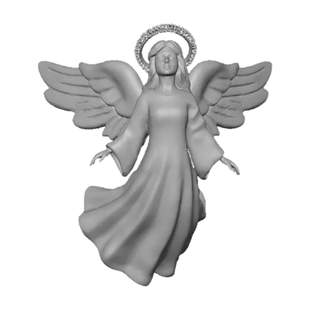 3D model for A graceful Christmas angel ornament, depicted mid-flight. Her flowing gown is sculpted from polished silver, radiating a cool, celestial glow. Her delicate wings are formed from intricately veined frosted glass, giving the appearance of ethereal ice. A halo of tiny, sparkling white diamonds encircles her head, completing her radiant form. The angel possesses a serene structure, combining the smooth coolness of metal with the soft, diffused light of frosted glass. #Christmas2025#