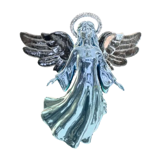 3D model for A graceful Christmas angel ornament, depicted mid-flight. Her flowing gown is sculpted from polished silver, radiating a cool, celestial glow. Her delicate wings are formed from intricately veined frosted glass, giving the appearance of ethereal ice. A halo of tiny, sparkling white diamonds encircles her head, completing her radiant form. The angel possesses a serene structure, combining the smooth coolness of metal with the soft, diffused light of frosted glass. #Christmas2025#