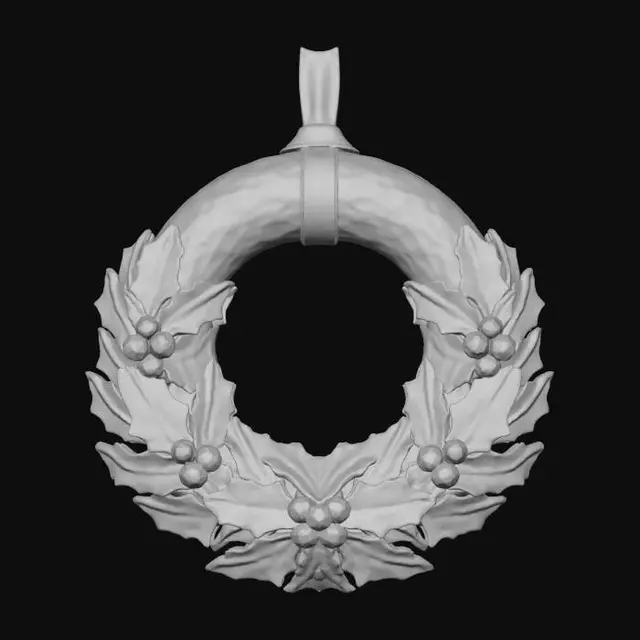 3D model for A festive Christmas wreath ornament, circular and lush. The base structure is a ring of polished bronze, with a slightly rustic appeal. Adorning the bronze are sculpted holly leaves made from deep green frosted glass, evoking a wintery sheen. Interspersed among the leaves are clusters of small, deep red ruby gemstones, resembling vibrant berries. This wreath has a substantial feel, with a rich blend of metallic luster and softly glowing, icy glass textures. #Christmas2025#