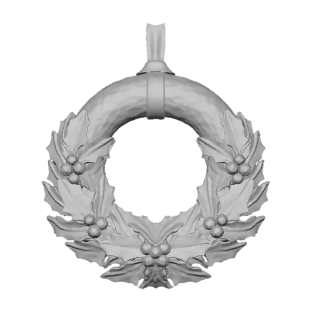 3D model for A festive Christmas wreath ornament, circular and lush. The base structure is a ring of polished bronze, with a slightly rustic appeal. Adorning the bronze are sculpted holly leaves made from deep green frosted glass, evoking a wintery sheen. Interspersed among the leaves are clusters of small, deep red ruby gemstones, resembling vibrant berries. This wreath has a substantial feel, with a rich blend of metallic luster and softly glowing, icy glass textures. #Christmas2025#