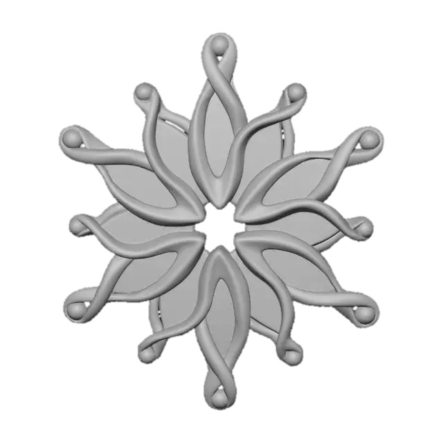 3D model for A fantastical snowflake ornament, uniquely shaped with asymmetric arms. Each arm is forged from polished titanium, providing a modern, silvery-grey sheen. The intricate voids within the snowflake are delicately filled with thin layers of frosted glass, capturing and diffusing light like true ice crystals. At the terminus of alternating arms, small, eye-catching Meshy Lime green gemstones (RGB 197, 249, 85) and Meshy Pink fuchsia gemstones (RGB 255, 62, 143) provide a vibrant, unexpected pop of color. #Christmas2025#