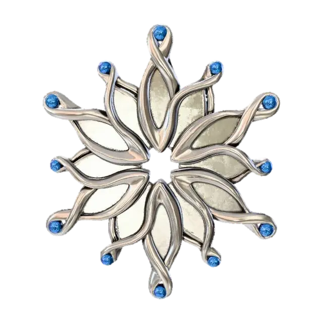 3D model for A fantastical snowflake ornament, uniquely shaped with asymmetric arms. Each arm is forged from polished titanium, providing a modern, silvery-grey sheen. The intricate voids within the snowflake are delicately filled with thin layers of frosted glass, capturing and diffusing light like true ice crystals. At the terminus of alternating arms, small, eye-catching Meshy Lime green gemstones (RGB 197, 249, 85) and Meshy Pink fuchsia gemstones (RGB 255, 62, 143) provide a vibrant, unexpected pop of color. #Christmas2025#