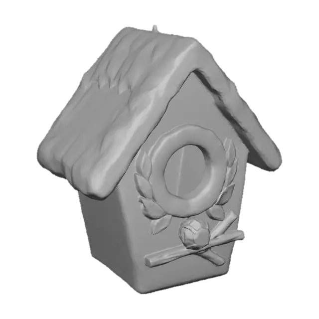 3D model for A charming Christmas birdhouse ornament, designed with a whimsical, wintry theme. Its main structure is crafted from polished copper, offering a warm, inviting luster. The roof and entrance hole are edged with delicate frosted resin, providing the appearance of glistening ice. Small, vibrant Meshy Lime green gemstones (RGB 197, 249, 85) are set as tiny leaves around the entrance, while a single Meshy Pink fuchsia gemstone (RGB 255, 62, 143) acts as a berry on the perch, creating a cozy, frosted miniature. #Christmas2025#