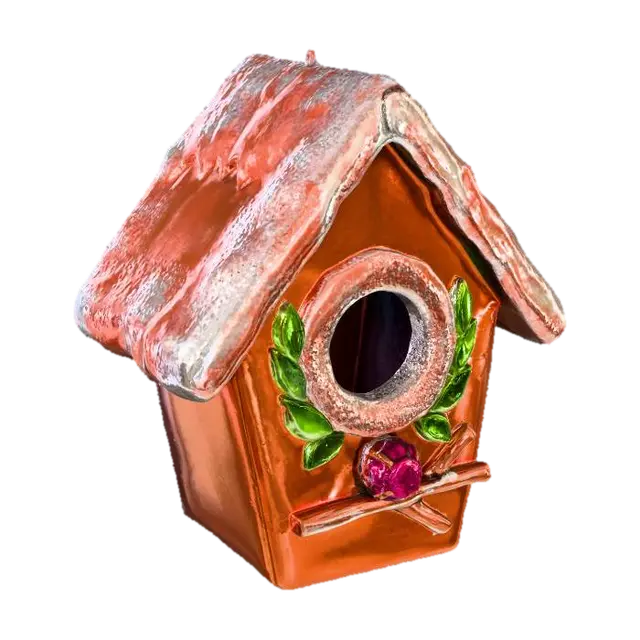 3D model for A charming Christmas birdhouse ornament, designed with a whimsical, wintry theme. Its main structure is crafted from polished copper, offering a warm, inviting luster. The roof and entrance hole are edged with delicate frosted resin, providing the appearance of glistening ice. Small, vibrant Meshy Lime green gemstones (RGB 197, 249, 85) are set as tiny leaves around the entrance, while a single Meshy Pink fuchsia gemstone (RGB 255, 62, 143) acts as a berry on the perch, creating a cozy, frosted miniature. #Christmas2025#