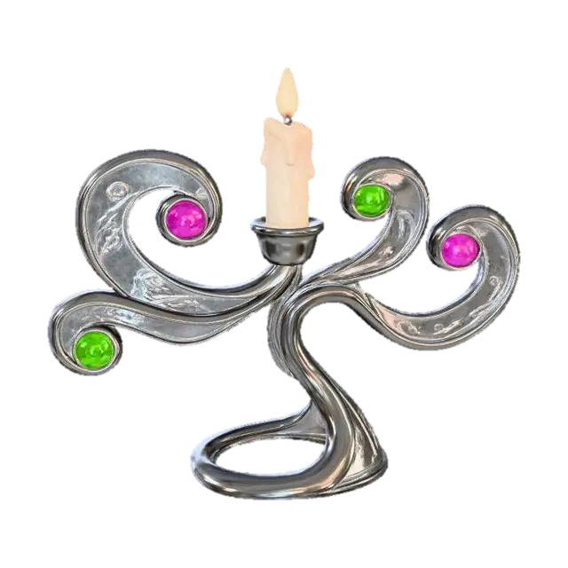 3D model for A stylized Christmas candelabra ornament, designed for a single candle. Its elegant base and arms are made from highly polished pewter, reflecting light with a cool, silvery sheen. Delicate, swirling patterns resembling frozen mist are etched into sections of frosted acrylic along the arms, creating an ethereal ice effect. At the end of each arm, a small, brilliant Meshy Lime green gemstone (RGB 197, 249, 85) or Meshy Pink fuchsia gemstone (RGB 255, 62, 143) sparkles, adding vibrant festive color. #Christmas2025#