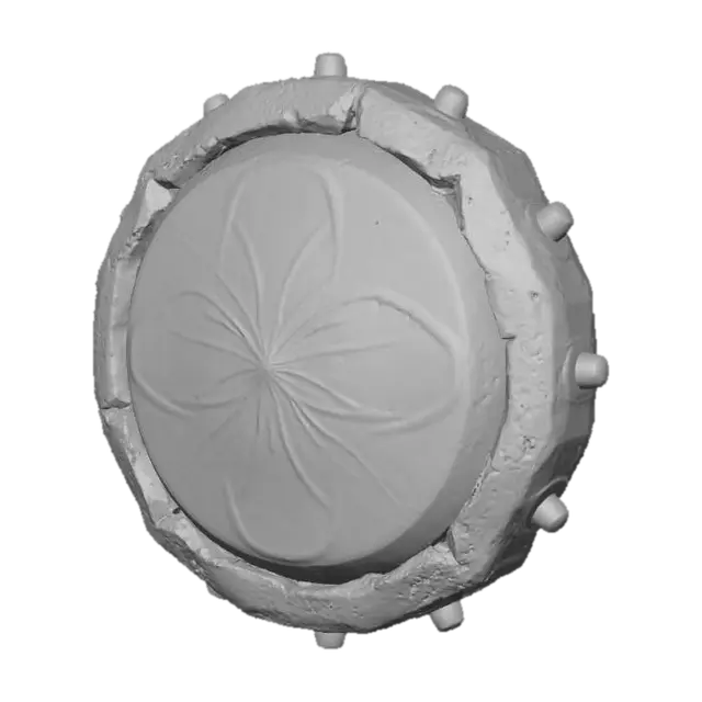 3D model for A stylized PBR 3D game asset, a round shield made of a giant spiral red and white peppermint hard candy. Surface features high gloss sugar texture and tiny bubbles. The rim is reinforced with a thick ring of baked gingerbread cookie, decorated with colorful gumdrops. Delicious but solid appearance, distinct material separation between candy and cookie.
