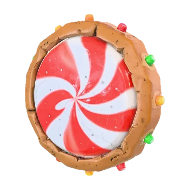 3D model for A stylized PBR 3D game asset, a round shield made of a giant spiral red and white peppermint hard candy. Surface features high gloss sugar texture and tiny bubbles. The rim is reinforced with a thick ring of baked gingerbread cookie, decorated with colorful gumdrops. Delicious but solid appearance, distinct material separation between candy and cookie.