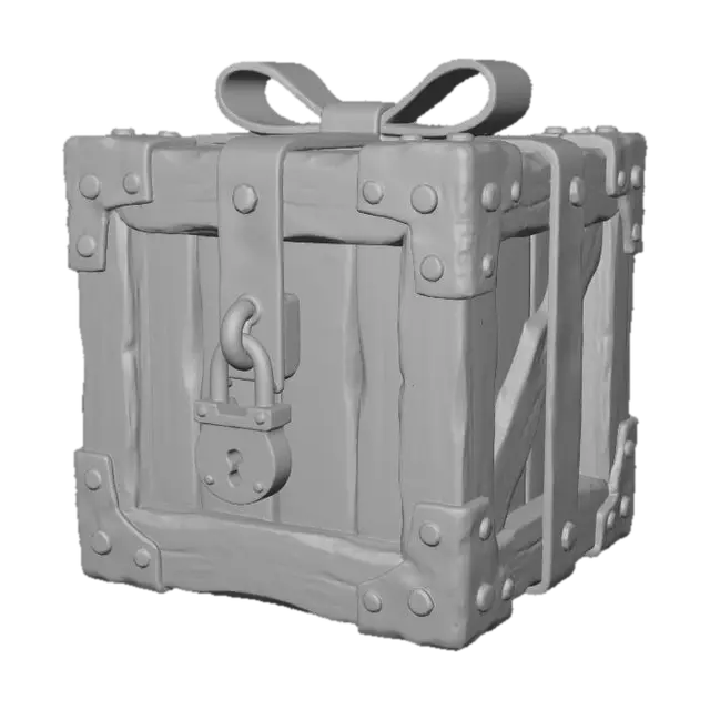 3D model for A stylized PBR 3D game asset, a heavy reinforced gift crate. Constructed from thick wooden planks painted vibrant red, with deep visible wood grain and chipped paint at the edges. The corners are reinforced with rusty riveted iron brackets. The "ribbon" is actually a gold-painted metal band clamped around the box. A heavy padlock hangs on the front. Chunky, weighty, distinct material roughness.