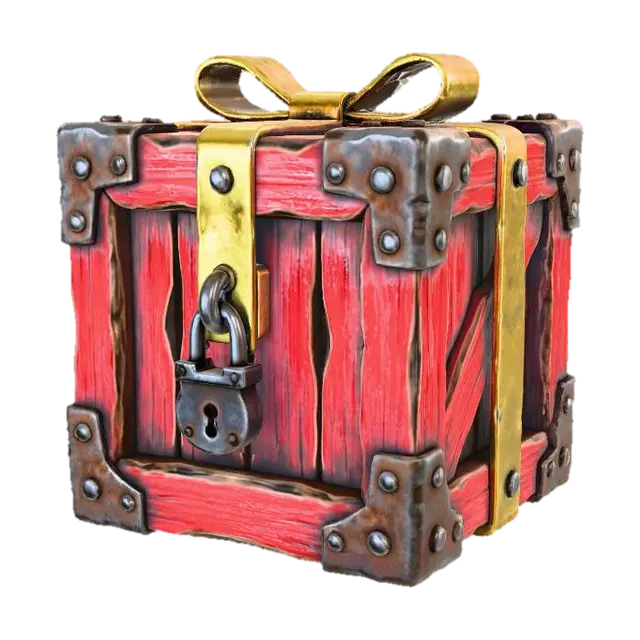3D model for A stylized PBR 3D game asset, a heavy reinforced gift crate. Constructed from thick wooden planks painted vibrant red, with deep visible wood grain and chipped paint at the edges. The corners are reinforced with rusty riveted iron brackets. The "ribbon" is actually a gold-painted metal band clamped around the box. A heavy padlock hangs on the front. Chunky, weighty, distinct material roughness.