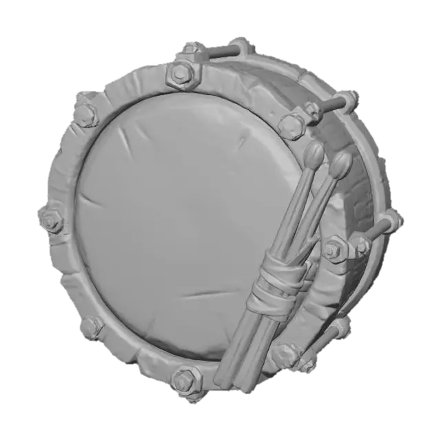 3D model for A stylized PBR 3D game asset, a round buckler shield made from a festive Toy Soldier's marching drum. The rim is reinforced, jagged red and white painted wood with chunky brass tension rods. The drumhead is not paper, but thick, battle-worn stretched leather with a faded gold star painted in the center. The drumsticks are strapped to the back as a handle. Vibrant colors, distinct material separation between brass and painted wood.