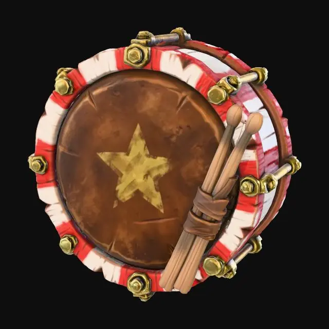 3D model for A stylized PBR 3D game asset, a round buckler shield made from a festive Toy Soldier's marching drum. The rim is reinforced, jagged red and white painted wood with chunky brass tension rods. The drumhead is not paper, but thick, battle-worn stretched leather with a faded gold star painted in the center. The drumsticks are strapped to the back as a handle. Vibrant colors, distinct material separation between brass and painted wood.