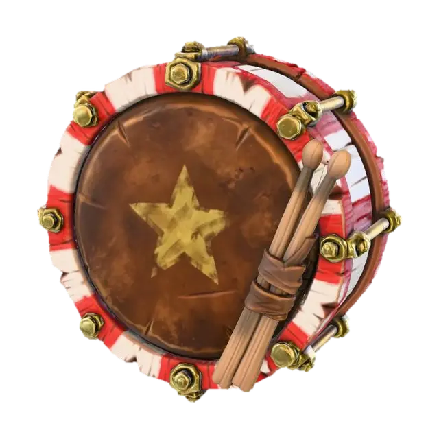 3D model for A stylized PBR 3D game asset, a round buckler shield made from a festive Toy Soldier's marching drum. The rim is reinforced, jagged red and white painted wood with chunky brass tension rods. The drumhead is not paper, but thick, battle-worn stretched leather with a faded gold star painted in the center. The drumsticks are strapped to the back as a handle. Vibrant colors, distinct material separation between brass and painted wood.