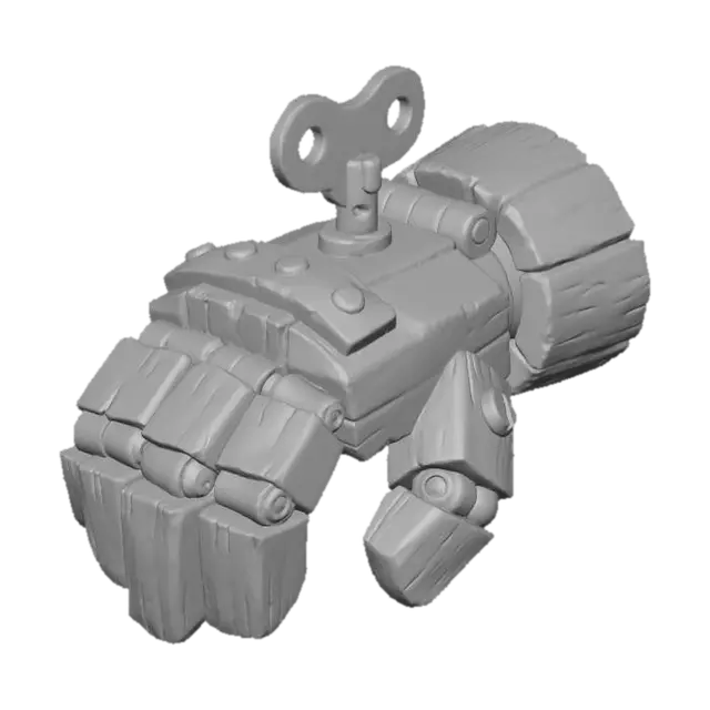 3D model for A stylized PBR 3D game asset, a heavy mechanical gauntlet. Mimics the aesthetic of a wooden toy soldier. Constructed from large, painted red wood blocks connected by oversized brass hinges. The fist knuckles are reinforced with iron plates. A wind-up key sits on the back of the hand. Paint is chipped at the edges revealing raw wood grain underneath. Chunky, articulated construction.
