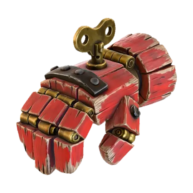 3D model for A stylized PBR 3D game asset, a heavy mechanical gauntlet. Mimics the aesthetic of a wooden toy soldier. Constructed from large, painted red wood blocks connected by oversized brass hinges. The fist knuckles are reinforced with iron plates. A wind-up key sits on the back of the hand. Paint is chipped at the edges revealing raw wood grain underneath. Chunky, articulated construction.