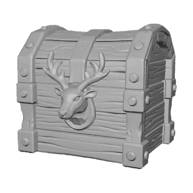 3D model for A stylized PBR 3D game asset, a heavy Christmas treasure chest. Constructed from thick red-painted oak planks with chipped paint and deep wood grain. Reinforced with chunky cast iron framing and oversized rivets. The latch is a heavy gold relief sculpture of a reindeer head. Exaggerated bevels, stylistic edge wear, distinct separation of wood and metal materials.
