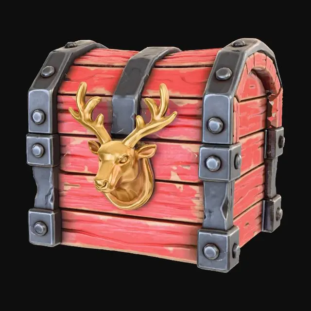 3D model for A stylized PBR 3D game asset, a heavy Christmas treasure chest. Constructed from thick red-painted oak planks with chipped paint and deep wood grain. Reinforced with chunky cast iron framing and oversized rivets. The latch is a heavy gold relief sculpture of a reindeer head. Exaggerated bevels, stylistic edge wear, distinct separation of wood and metal materials.