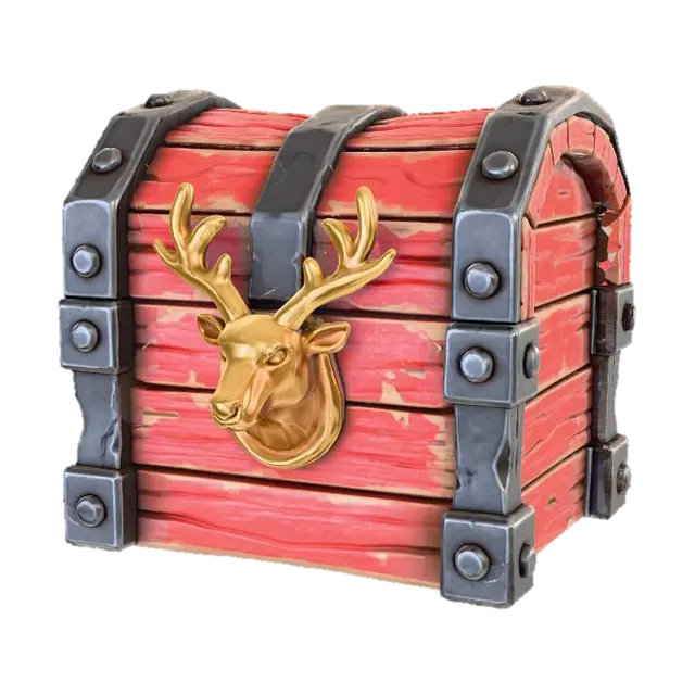 3D model for A stylized PBR 3D game asset, a heavy Christmas treasure chest. Constructed from thick red-painted oak planks with chipped paint and deep wood grain. Reinforced with chunky cast iron framing and oversized rivets. The latch is a heavy gold relief sculpture of a reindeer head. Exaggerated bevels, stylistic edge wear, distinct separation of wood and metal materials.