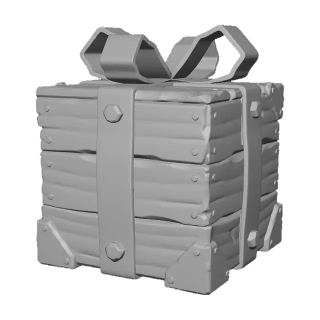 3D model for A stylized PBR 3D game asset, a supply crate disguised as a gift. Not paper, but constructed from rough pine wooden planks. Instead of ribbon, it is bound by two wide red steel straps secured with huge rivets. The "bow" on top is made of bent sheet metal. Corners are reinforced with cast iron. Heavy, durable aesthetic, visible wood grain and metal scratches.