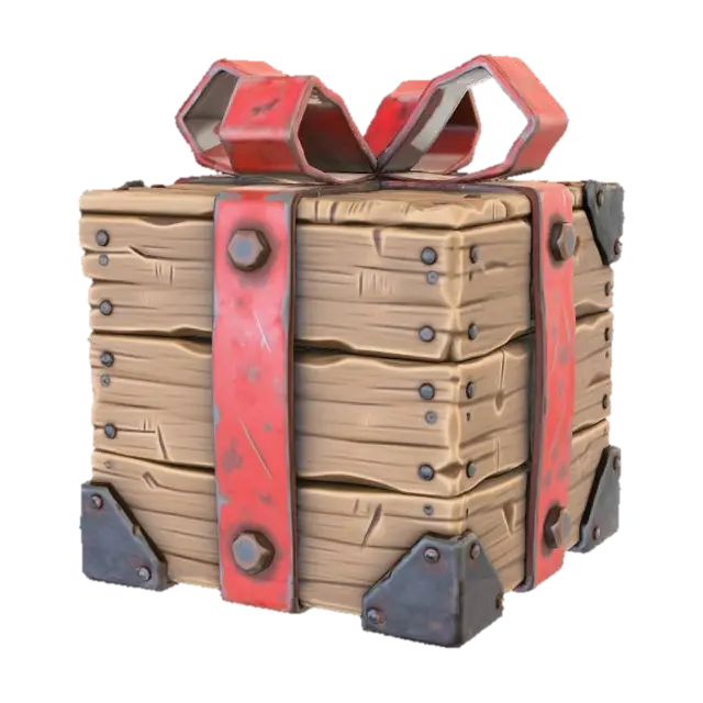 3D model for A stylized PBR 3D game asset, a supply crate disguised as a gift. Not paper, but constructed from rough pine wooden planks. Instead of ribbon, it is bound by two wide red steel straps secured with huge rivets. The "bow" on top is made of bent sheet metal. Corners are reinforced with cast iron. Heavy, durable aesthetic, visible wood grain and metal scratches.