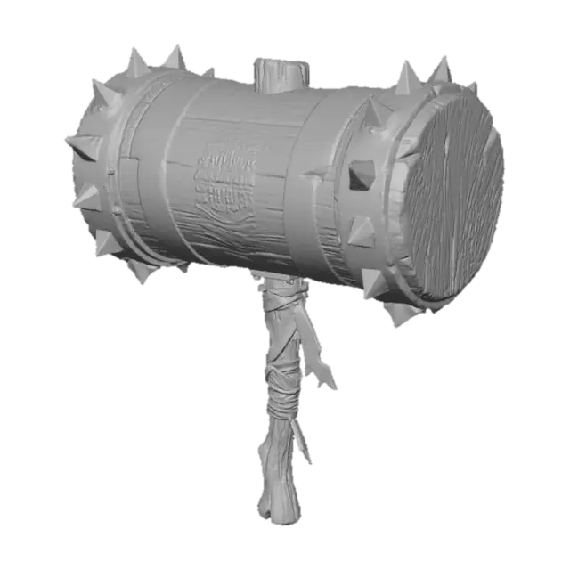 3D model for A stylized PBR 3D game asset, a massive two-handed Siege Mallet. The hammer head is a giant solid cylinder of hardwood, painted with vibrant but heavily chipped red and green candy stripes. The striking faces are reinforced with thick, spiked rusty iron plates. The handle is a rough wooden staff wrapped in colorful cloth scraps. Faded gold stamped logo on the side reads "Made in North Pole". Exaggerated proportions, heavy wear, distinct wood and metal textures.