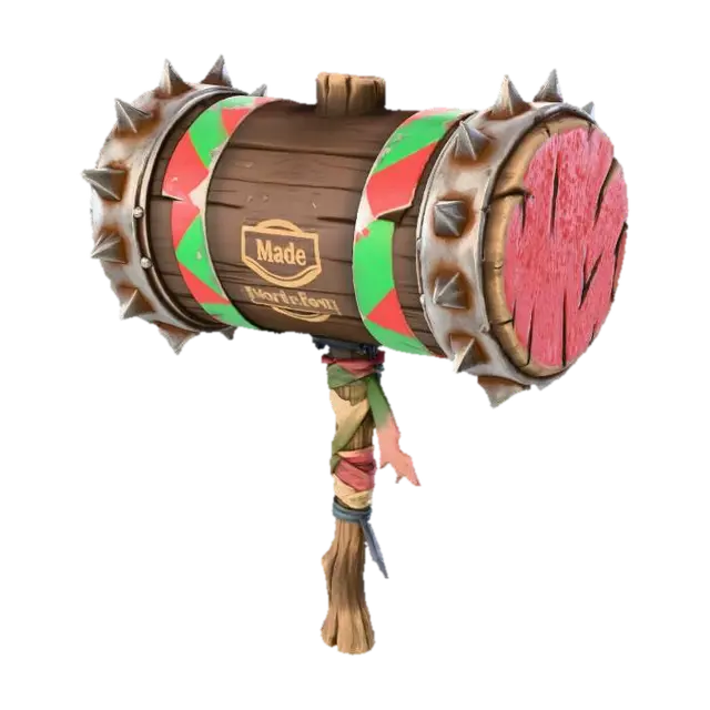 3D model for A stylized PBR 3D game asset, a massive two-handed Siege Mallet. The hammer head is a giant solid cylinder of hardwood, painted with vibrant but heavily chipped red and green candy stripes. The striking faces are reinforced with thick, spiked rusty iron plates. The handle is a rough wooden staff wrapped in colorful cloth scraps. Faded gold stamped logo on the side reads "Made in North Pole". Exaggerated proportions, heavy wear, distinct wood and metal textures.
