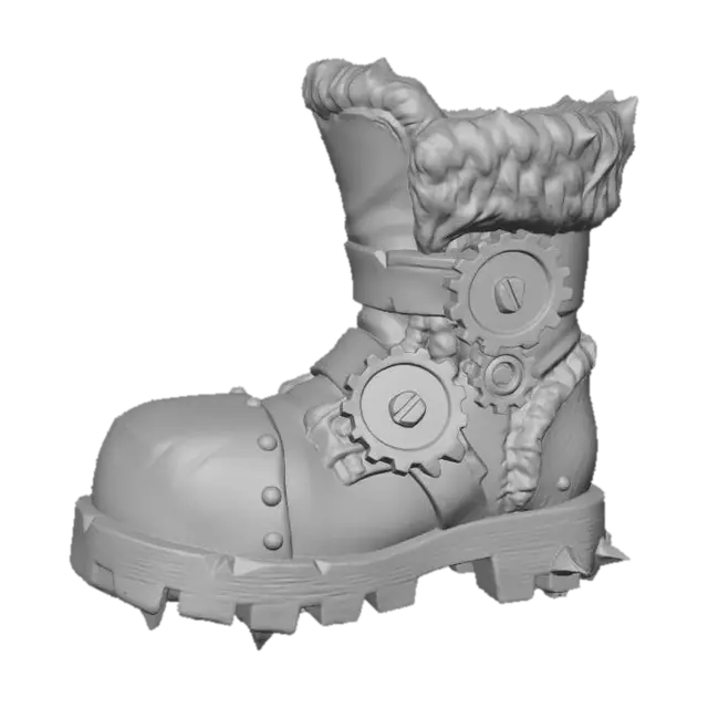 3D model for A stylized PBR 3D game asset, a giant combat boot. Made of thick, worn red leather with chunky white fur trim. The toe box is a massive, rusty forged iron cap. The sole has deep treads and metal spikes. Huge brass gears serve as buckles on the side. Heavy weight aesthetic, exaggerated proportions, scuffed textures.