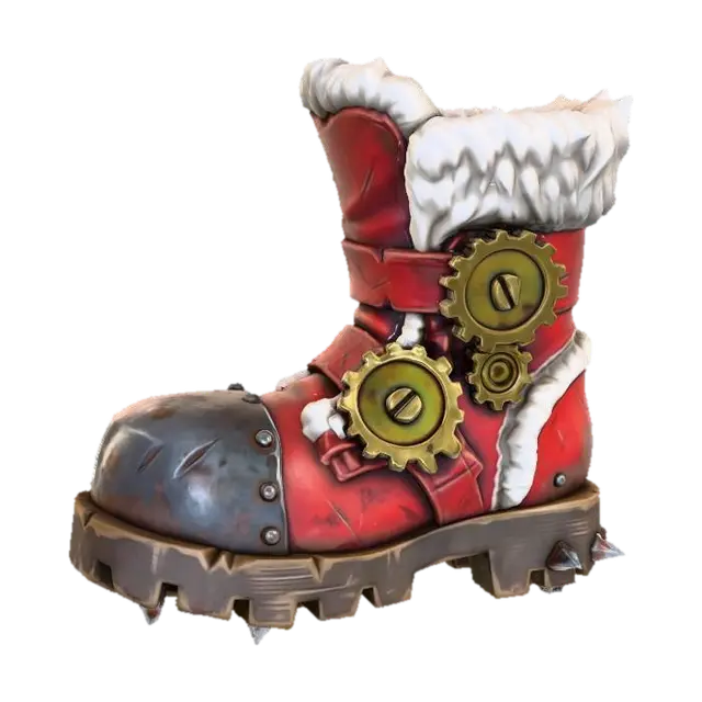 3D model for A stylized PBR 3D game asset, a giant combat boot. Made of thick, worn red leather with chunky white fur trim. The toe box is a massive, rusty forged iron cap. The sole has deep treads and metal spikes. Huge brass gears serve as buckles on the side. Heavy weight aesthetic, exaggerated proportions, scuffed textures.