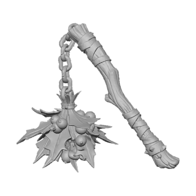 3D model for A stylized PBR 3D game asset, a one-handed flail. The handle is a rough tree branch. The striking head connected by a chain is a massive cluster of metal mistletoe. Leaves are sharp green copper plates, and the white berries are spiked steel spheres. Dangerous foliage aesthetic, sharp edges, metallic rattling look.