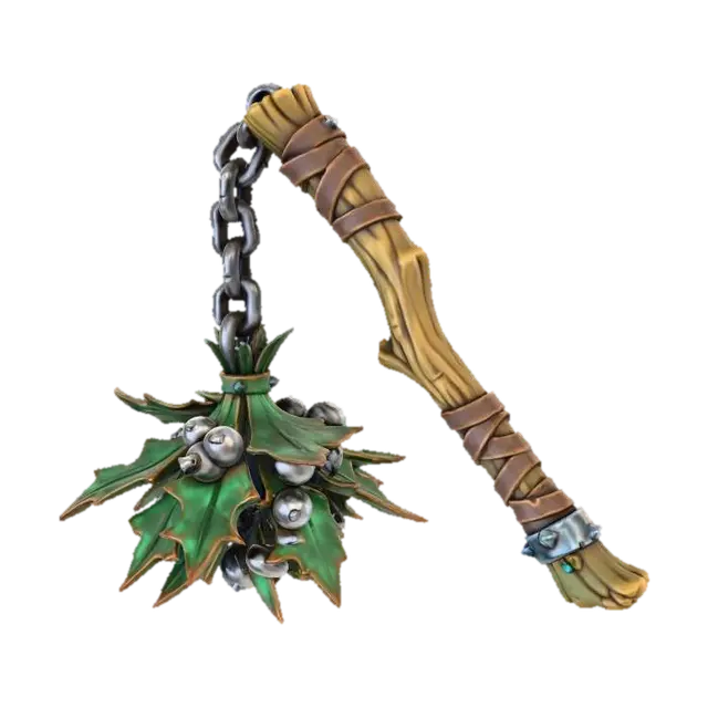 3D model for A stylized PBR 3D game asset, a one-handed flail. The handle is a rough tree branch. The striking head connected by a chain is a massive cluster of metal mistletoe. Leaves are sharp green copper plates, and the white berries are spiked steel spheres. Dangerous foliage aesthetic, sharp edges, metallic rattling look.
