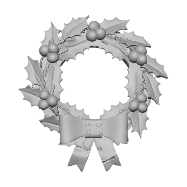 3D model for A stylized PBR 3D game asset, an industrial metal Christmas wreath. The holly leaves are sharp, cut sheet metal plates painted dark green, with heavy rust and visible weld marks. The red berries are oversized copper rivets and rusty ball bearings. A "bow" made of folded scrap metal sheet is at the bottom. Sharp edges, heavy industrial texture, hand-painted metal wear.