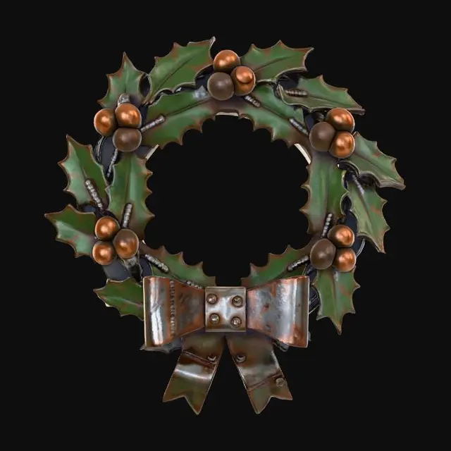3D model for A stylized PBR 3D game asset, an industrial metal Christmas wreath. The holly leaves are sharp, cut sheet metal plates painted dark green, with heavy rust and visible weld marks. The red berries are oversized copper rivets and rusty ball bearings. A "bow" made of folded scrap metal sheet is at the bottom. Sharp edges, heavy industrial texture, hand-painted metal wear.