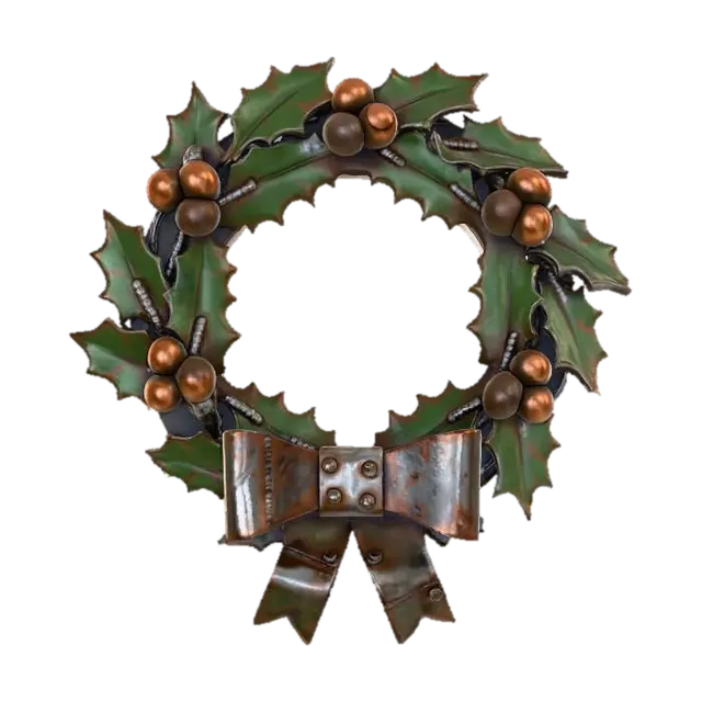 3D model for A stylized PBR 3D game asset, an industrial metal Christmas wreath. The holly leaves are sharp, cut sheet metal plates painted dark green, with heavy rust and visible weld marks. The red berries are oversized copper rivets and rusty ball bearings. A "bow" made of folded scrap metal sheet is at the bottom. Sharp edges, heavy industrial texture, hand-painted metal wear.
