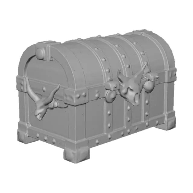 3D model for A treasure chest made of wood and metal, that is decorated with elk horned wolf skulls.