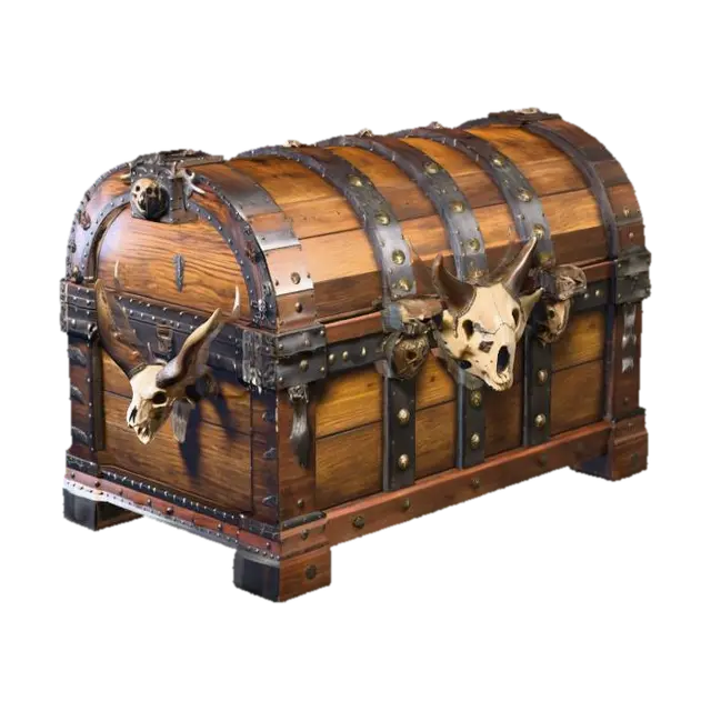 3D model for A treasure chest made of wood and metal, that is decorated with elk horned wolf skulls.