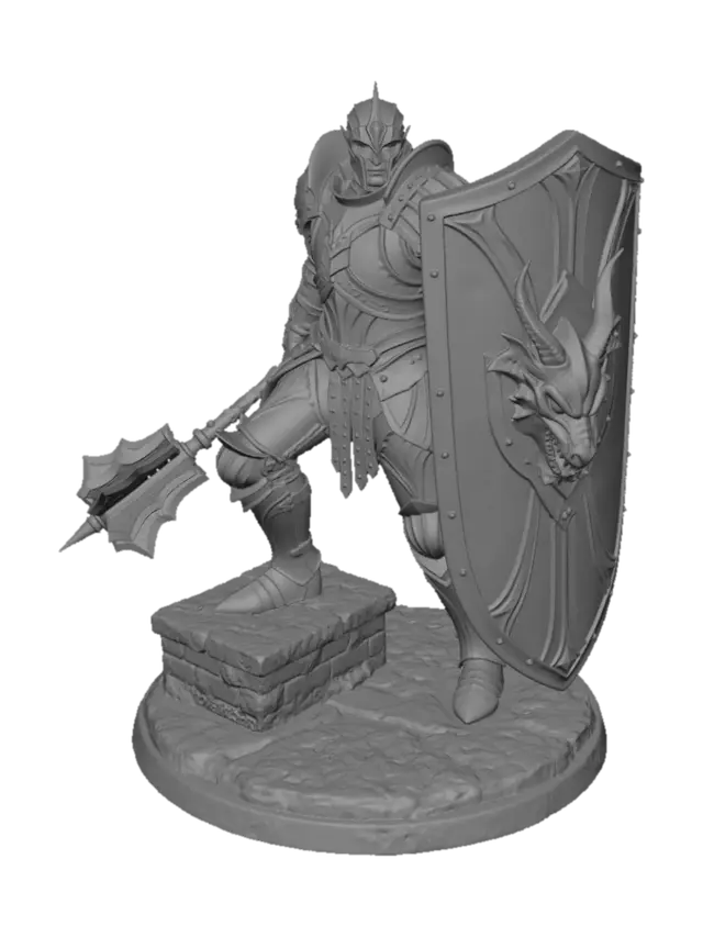 3D model for Крупный план, эльф в тяжёлом готическом доспехе с рифлёными наплечниками и поножами, в руках угловатая булава с гравировкой и башенный щит с умбоном в виде головы дракона, на постаменте из брусчатки.