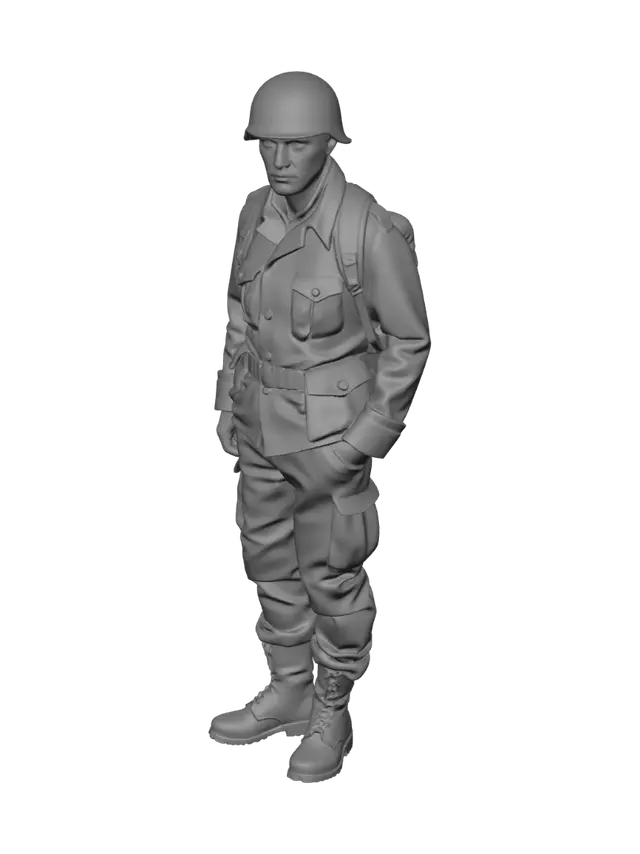 3D model for use British uniform, British ww2 helmet, serious face , ww2 for with boots , flames of war body. texture trousers, jacket, ruck sack