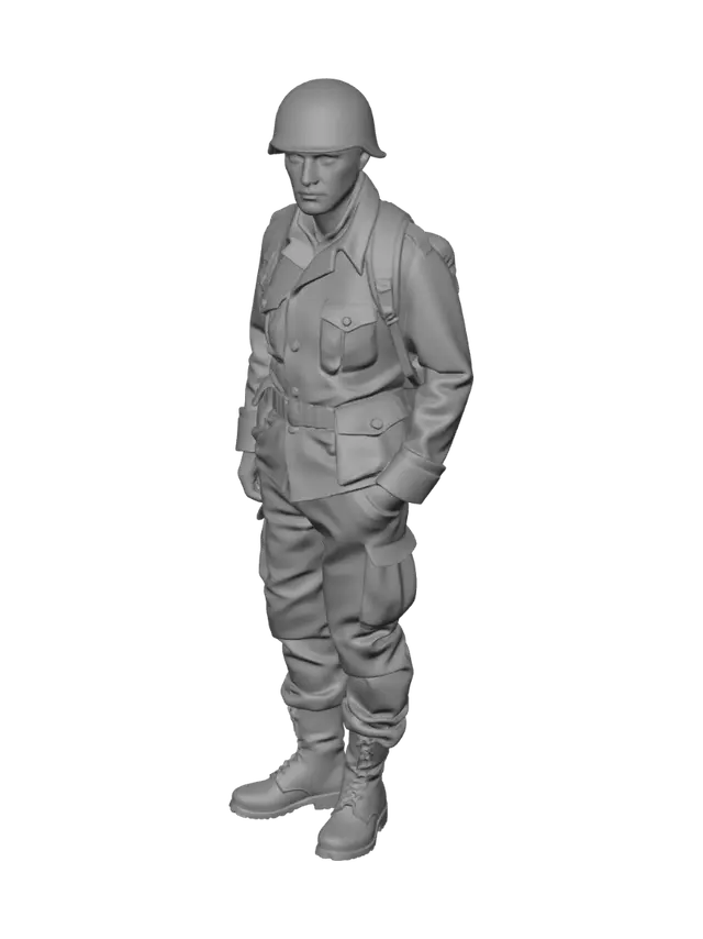 3D model for use British uniform, British ww2 helmet, serious face , ww2 for with boots , flames of war body. texture trousers, jacket, ruck sack