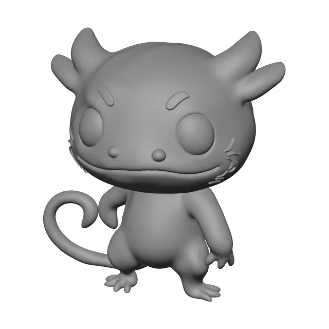 3D model for Chibi axolotl figurine, full body side view, oversized round head with big cute eyes and feathery external gills, chubby segmented body with visible rounded sections, short stubby legs with tiny toes, long curled tail, smooth matte plastic surface, pink body with white belly and dark eyes, Funko Pop chibi style, solid watertight geometry, thick proportions everywhere, no thin features, stable flat belly for printing on its side, no base, no floating parts, 15cm long proportions